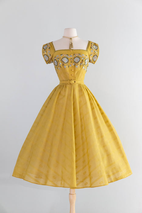 Iconic 1950’s Tina Leser Saffron Embroidered Cotton Dress / S