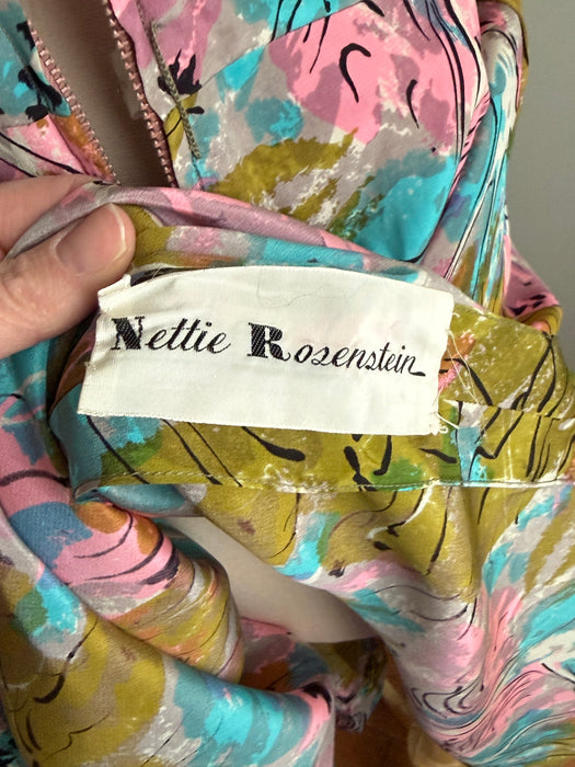 Rare 1940's Nettie Rosenstein Fauvist Landscape Silk Dress / M