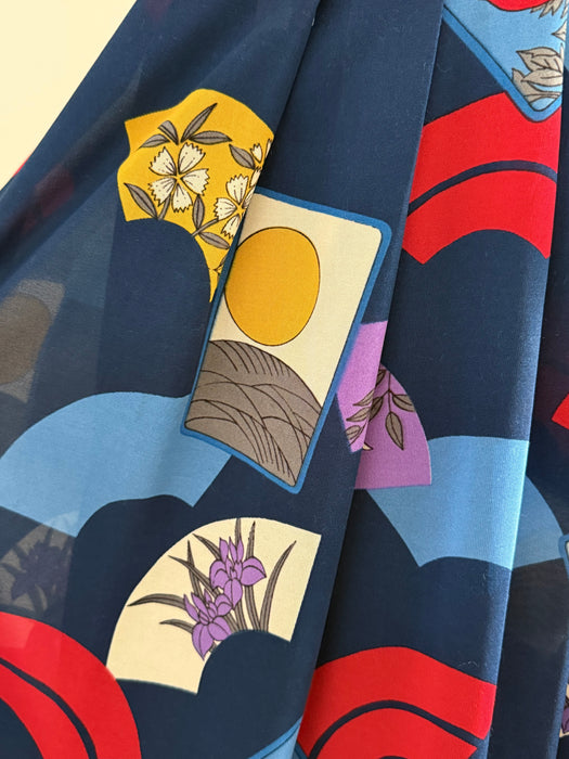 Chic 1970's Hanae Mori Fan Print Jersey Day Dress / XS