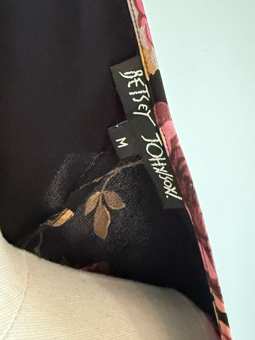Iconic 1990's Silky Black Rose Print Mini Wrap Dress By Betsey Johnson / SM