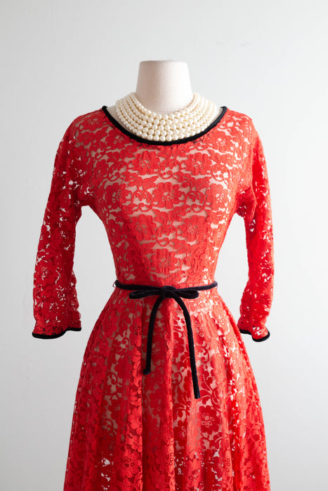 Stunning 1950’s Scarlet Lace Full Skirt Cocktail Dress / SM
