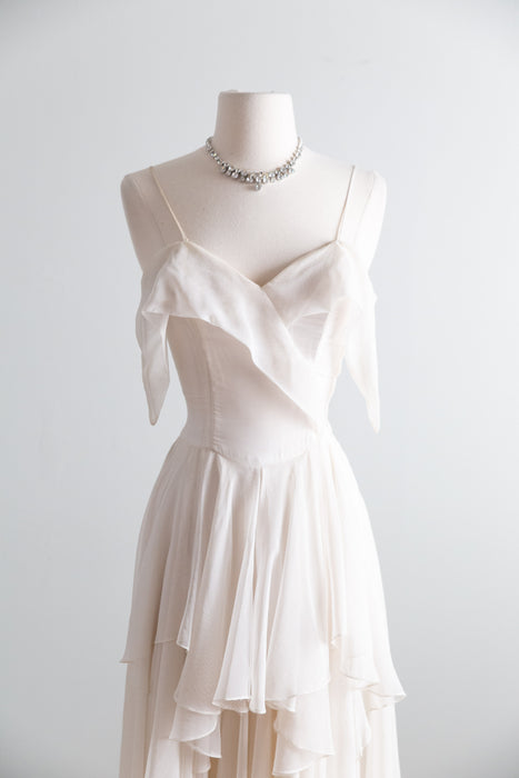 Haunting Late 1940's Ivory Chiffon Evening Gown / XS- S