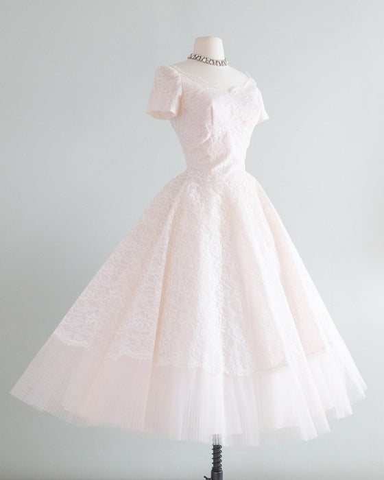 Touch of Pink 1950's William Cahill Tea Length Wedding Dress / Small