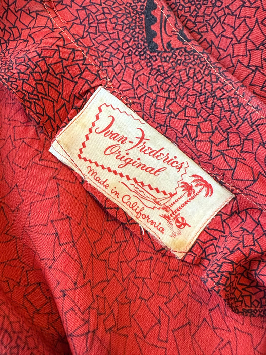Classic 1940's Cherry Red Cold Rayon Novelty Print Day Dress With Carousels and Horses / M
