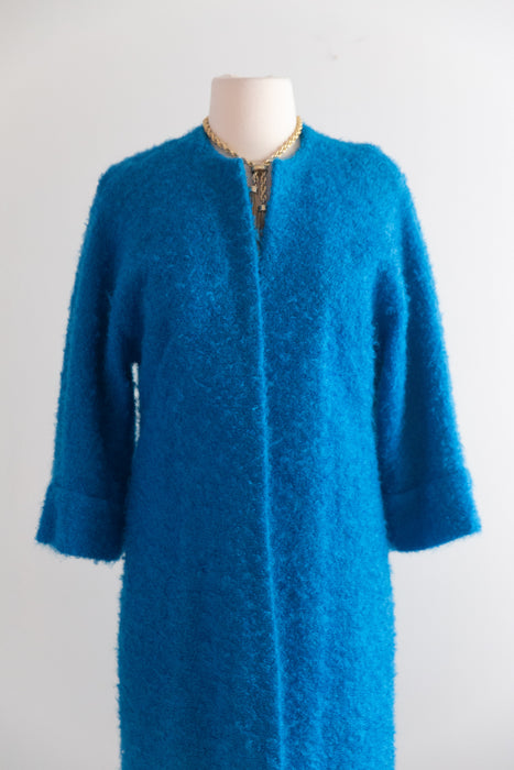 Brilliant 1960s Teal Blue Wool and Mohair Boucle Duster Coat / M