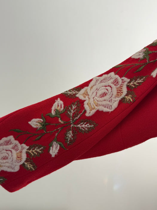 1950's American Beauty Rose Embroidered Party Dress By Claudia Young / Small
