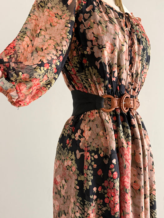 Lovely 1970's Autumnal Floral Silk Chiffon Dress / SM