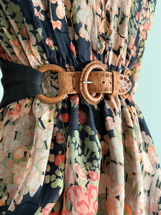Lovely 1970's Autumnal Floral Silk Chiffon Dress / SM
