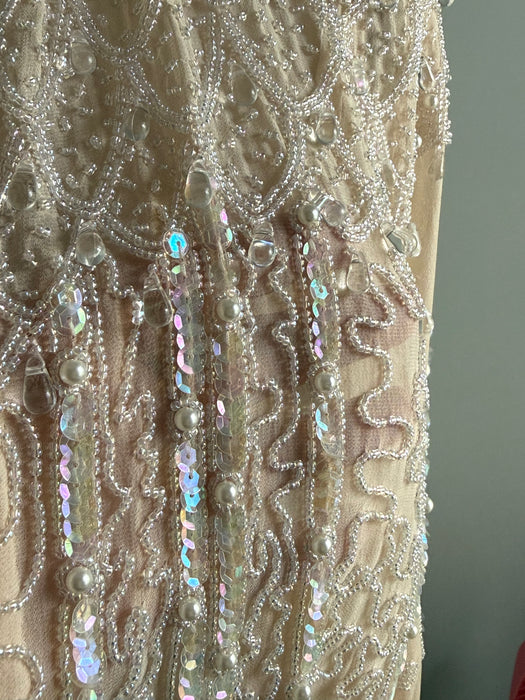 Dreamy 1980's Edwardian Inspired Oleg Cassini Beaded Silk Chiffon Wedding Gown / S