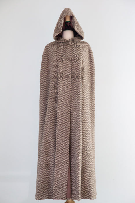 Dramatic 1970’s Wool Herringbone Full Length Hooded Cape / OSFM