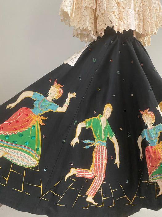 Iconic 1950's Novelty Print MAMBO Circle Skirt With Sequins / Small