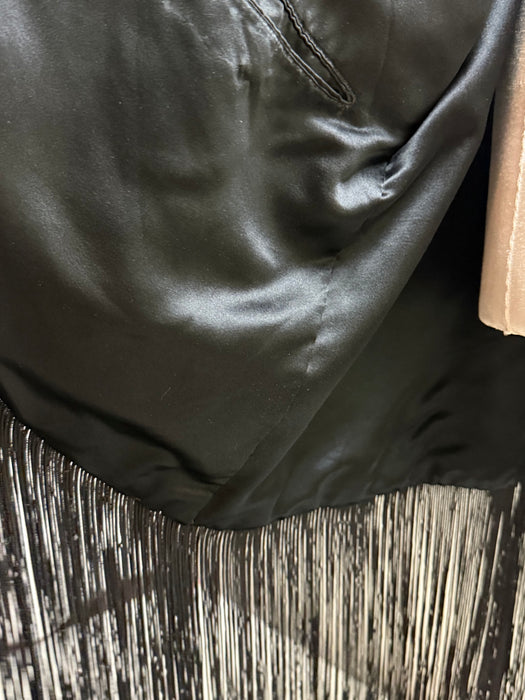 Magnificent 1920s Navy Wool Gabardine Evening Coat with Silk Lining and Fringe Trim / OS