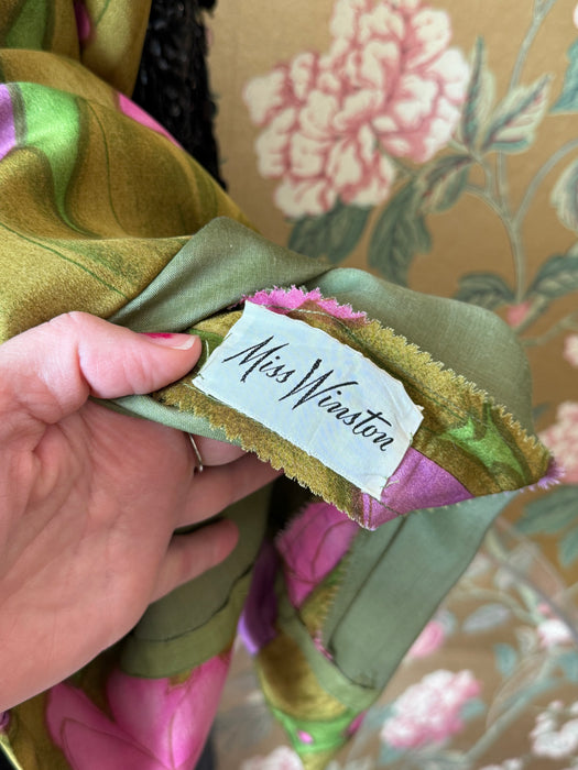 Elegant 1960's Silk Lily Pad Print Occasion Dress By Miss Winston / Small