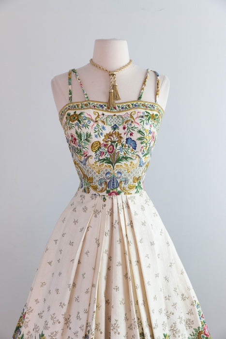 Breathtaking 1950’s Couture Party Dress in a Baroque Inspired Border Print / M