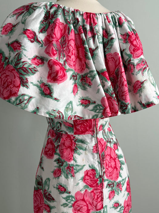 Fabulous 1950's Rose Print Wiggle Dress In Polished Cotton With Cape Sleeves / XS