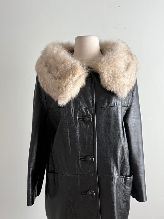 Fabulous 1960's Black Leather Coat With Fur Collar / ML