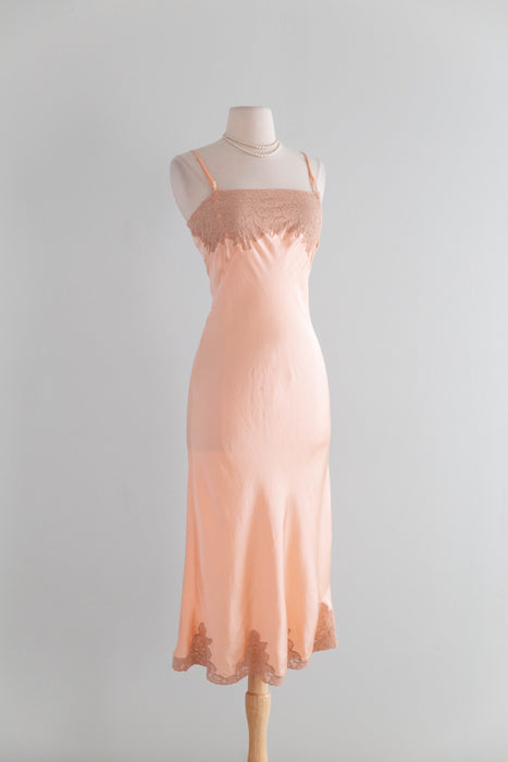Sensuous 1930's Ballet Pink Silk Bias Cut Slip With Lace Trim / M