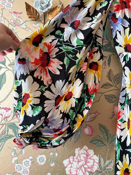 Gorgeous 1930's Rainbow Daisy Print Silk Bias Cut Gown With Bishop Sleeves / Small