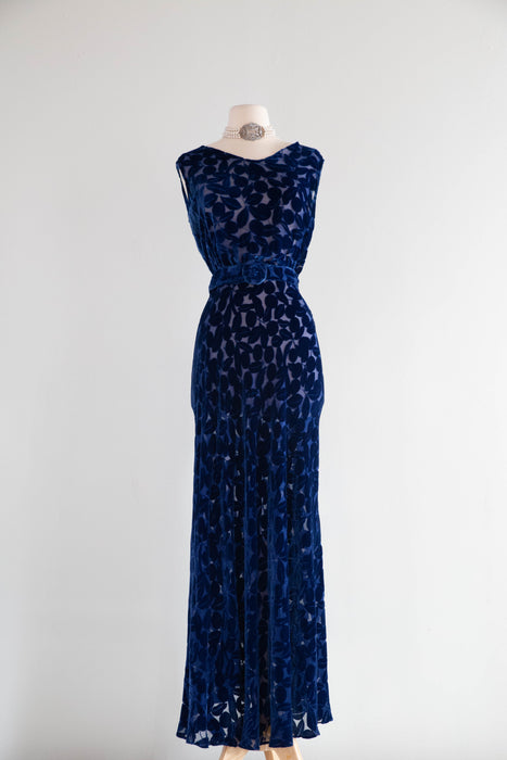 Exquisite 1930s Sapphire Devoré Velvet Bias Cut Evening Gown & Cape / M