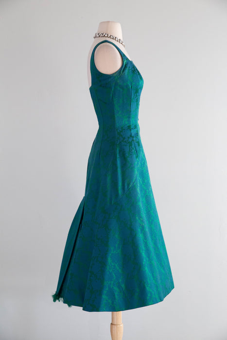 Stunning 1950s Estevez Emerald Silk Brocade Holiday Cocktail Dress / S