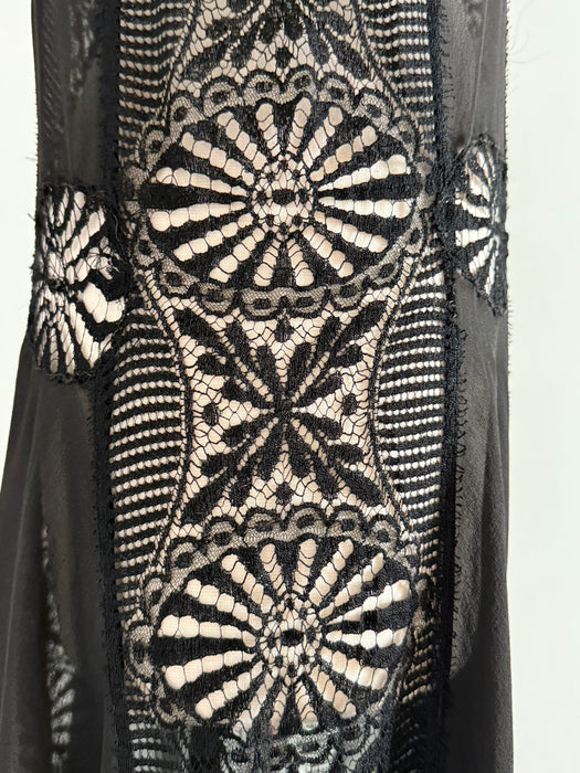 1920s Black Silk Chiffon and Spider Web Lace Flapper Dress / S