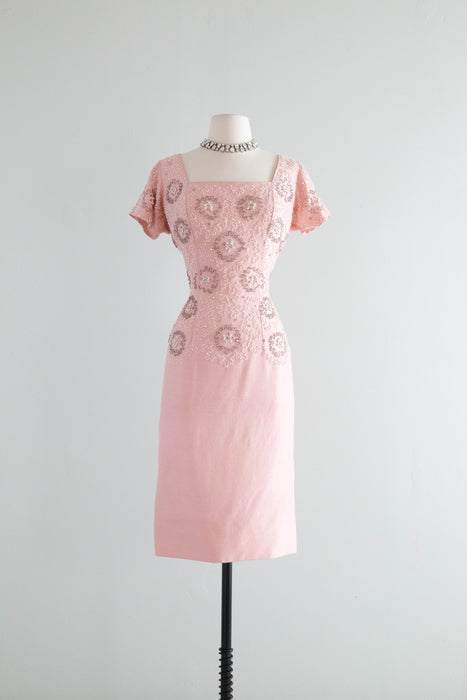 Stunning 1950’s Frank Starr Beaded Peony Pink Silk Cocktail Dress / ML