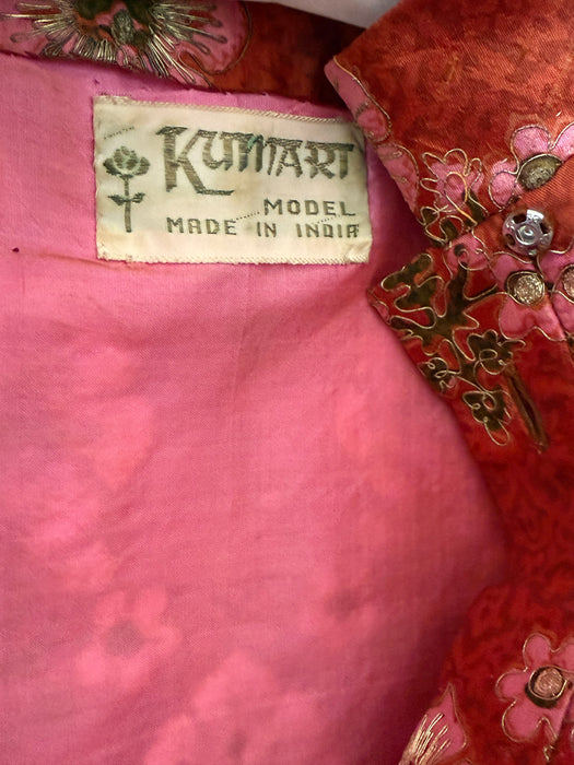 Incredible 1960's Indian Silk Shift Dress With Metallic Gold Embroidered Thread / M