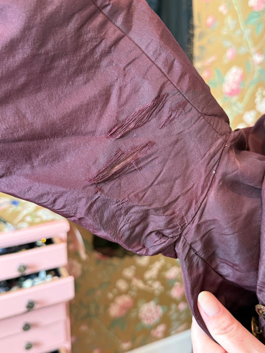 Antique 1880s Bustle Era Two-Piece in Aubergine Silk Taffeta with Celestial Buttons / XS