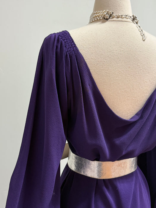 Iconic 1930's Art Deco Aubergine Crepe Evening Gown With Silver Leather Accents / SM