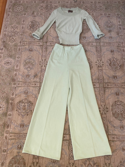 Fabulous 1970's Matcha Green/Cerulean Blue Pant and Sweater Set by Sonia Rykiel / Small