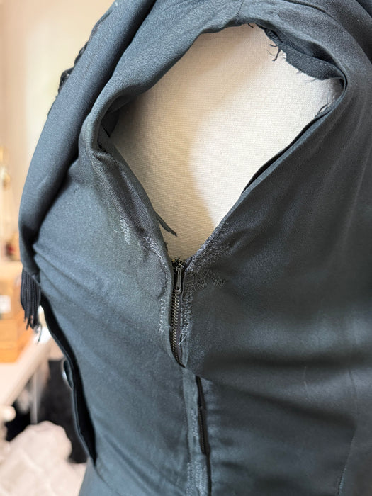 Stunning 1950's Jacques Fath Black Silk Cocktail Dress With Fringe Collar AS IS / Small