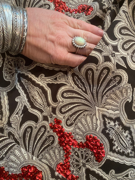 Gorgeous 1950's Black & White Paisley Circle Skirt With Red Sequins & Pockets / Small