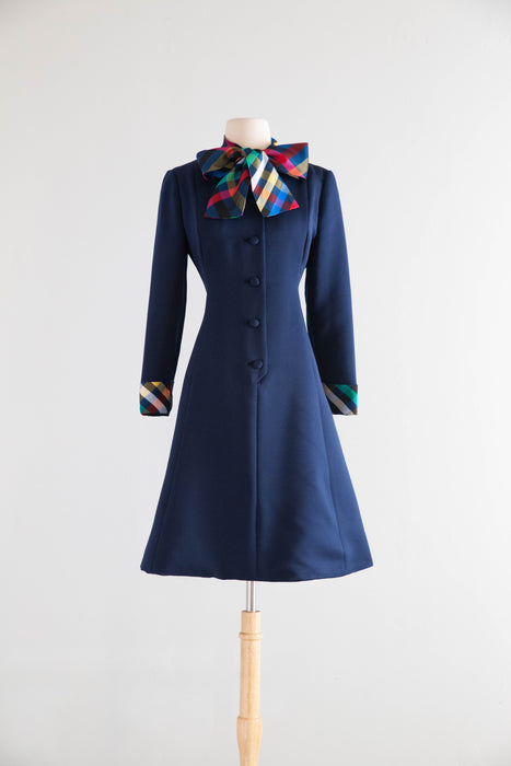 Fantastic 1960's Rizkallah for Malcolm Starr Navy Dress With Rainbow Bow & Cuffs / ML