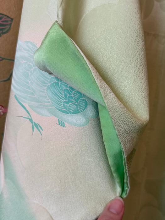 Stunning Vintage Celadon Green Silk Kimono With Hand Painted Birds / OS