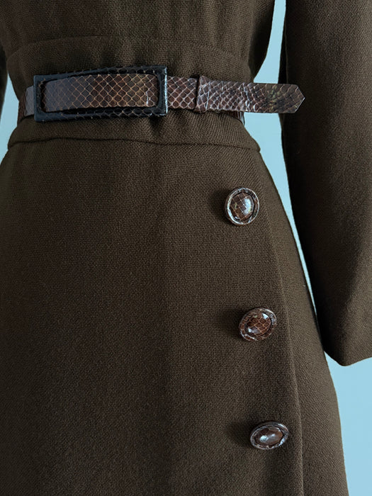 Chic 1960's Chocolate Brown Wool Dress From I.Magnin by Helga / M