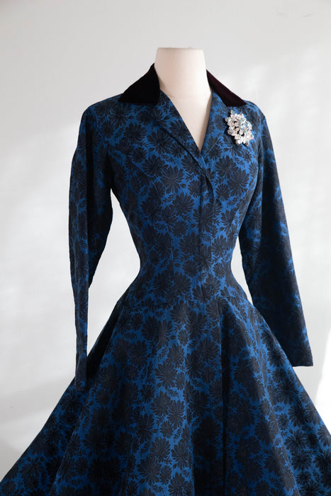 Fabulous Late 1950's Estevez Midnight Blue Brocade Party Dress / S
