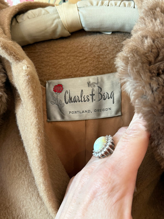 Classic 1950’s Charles Talbot Camel Cocoon Coat With Luxurious Fur Collar / SM