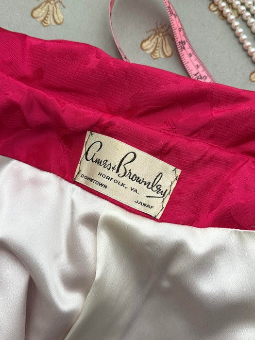 Iconic 1950s Shocking Pink Floral Brocade Cocktail Dress and Matching Coat Ensemble / S