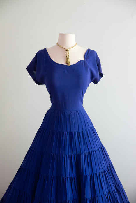 Stunning 1950's Larry Aldrich New Look Starburst Pleated Dress In Yves Klein Blue / M