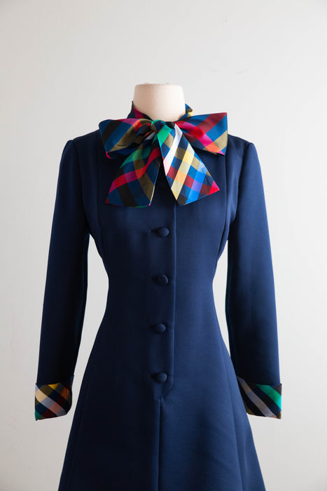 Fantastic 1960's Rizkallah for Malcolm Starr Navy Dress With Rainbow Bow & Cuffs / ML