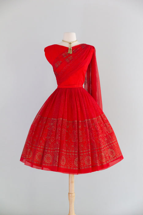 Glamorous 1950’s Sari Inspired Red & Gold Chiffon Party Dress | S