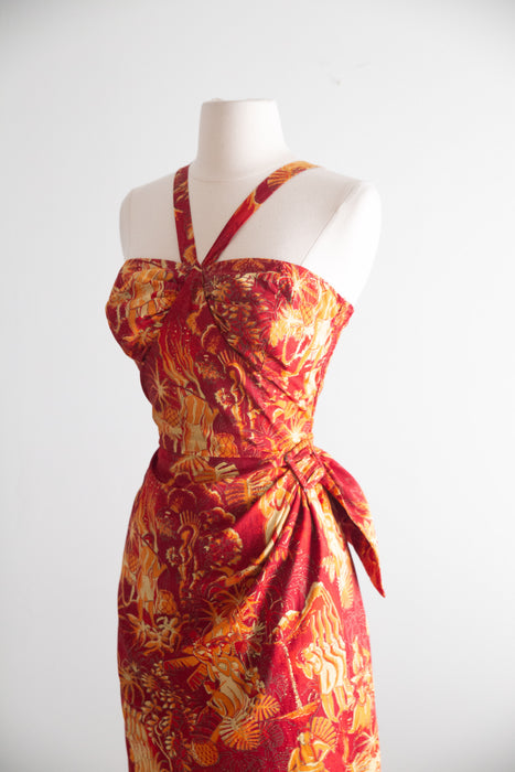 Glamorous 1950’s Alfred Shaheen "Luau" Hawaiian Print Sarong Dress / M