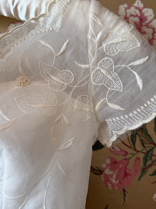 Dreamy 1950's Embroidered Cotton Organdy Tea Length Wedding Dress / S