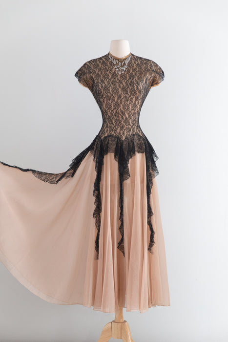 Fabulous Late 1940’s Peggy Hunt Original Illusion Lace  Evening Dress / Sm