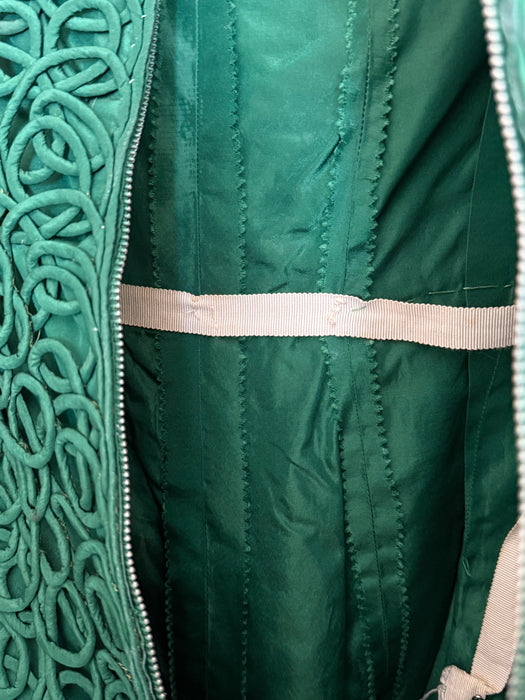 Stunning 1950's Emerald Green Swirling Soutache Cocktail Dress By Samuel Winston / S