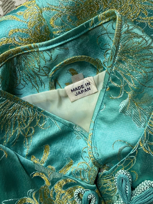 Luxurious Vintage Aqua Silk Brocade Full Length Robe From Japan / M