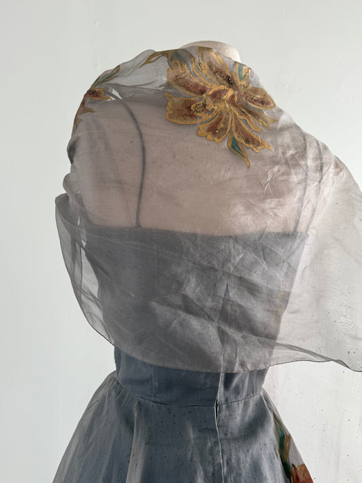 Rare 1950's Betty Higgins Original Hand Painted Silk Organza Hawaiian Cocktail Dress / S