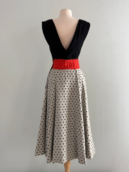 Fabulous Early 1950's Claudia Young Polka Dot Linen Dress With Pockets / S