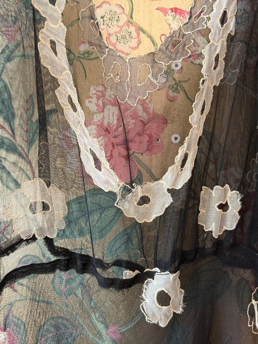 Ethereal 1930's Embroidered Sheer Black Silk Net Bias Cut Gown / S