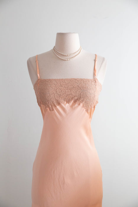 Sensuous 1930's Ballet Pink Silk Bias Cut Slip With Lace Trim / M